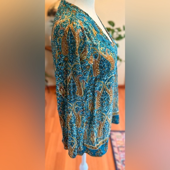 Tolani Women’s Silk Beaded Bohemian Printed Size Small Blouse Teal & Mustard - Picture 10 of 14